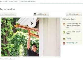 Man in sunglasses cleaning house gutters with a leaf blower, surrounded by greenery. Text indicates DIY article with steps and cost details.