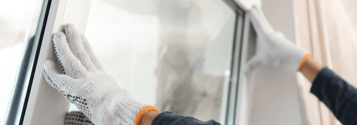 Hands in white gloves carefully install a window, focusing on alignment. The scene conveys precision and diligence in home improvement.