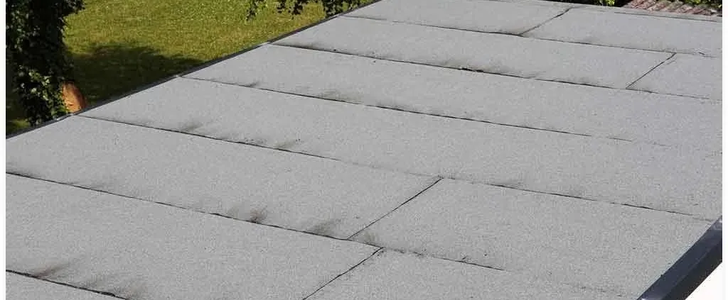 Flat roof covered with light gray roofing felt, showing some sagging between the beams. The background features a green lawn and trees.