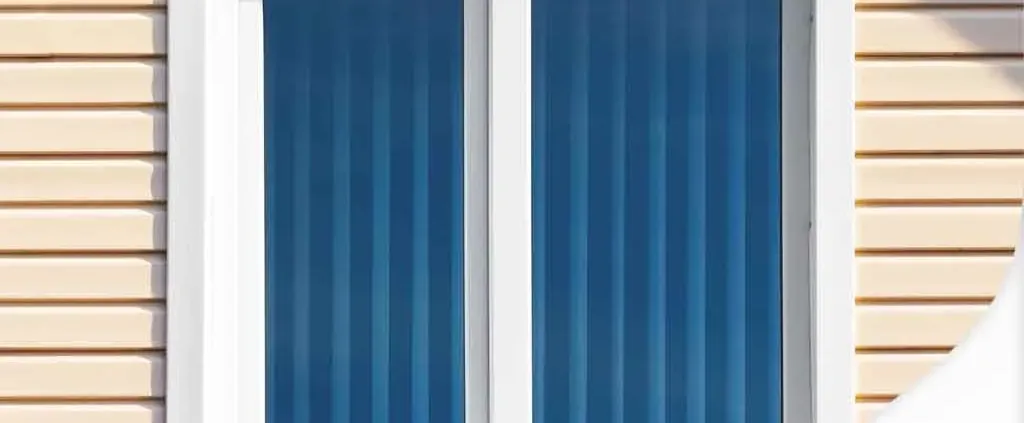 Close-up of a modern white-framed window with blue tinted glass, set against light beige horizontal siding, creating a clean, minimalist look.