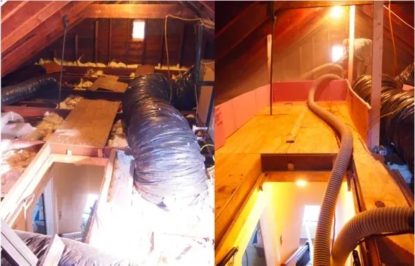 Attic renovation comparison: left side shows a cluttered attic with exposed insulation and ducts; right side is organized, with clean flooring and lighting.