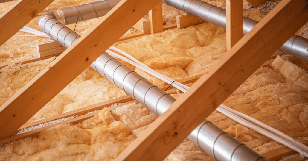 Wooden attic space with exposed beams, lined with yellow insulation material. Metal air ducts run across, creating a sense of warmth and efficiency.