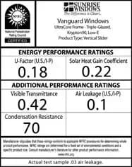 Alt text: "Label for Vanguard Windows with energy and performance ratings. U-Factor: 0.18, Solar Heat Gain: 0.22, Visible Transmittance: 0.42, Air Leakage: 0.1, Condensation Resistance: 70."
