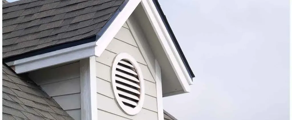A house gable with gray siding and a black-shingled roof. It features a circular white vent. The scene feels serene under a clear, pale sky.