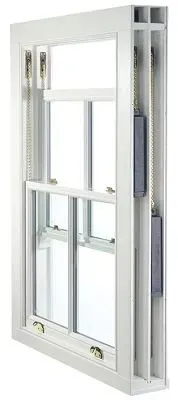 Double-hung sash window with white frame, showcasing weights and pulleys. The design emphasizes traditional style and functionality.