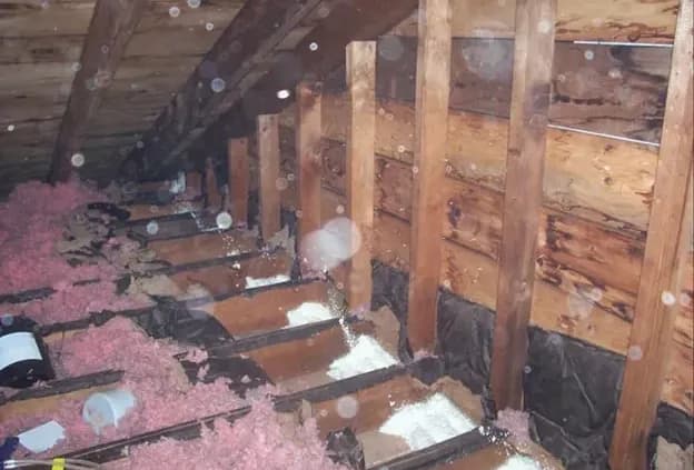 Dimly lit attic with wooden beams and pink insulation. The space shows scattered debris and a few white markings, creating an aged, dusty atmosphere.