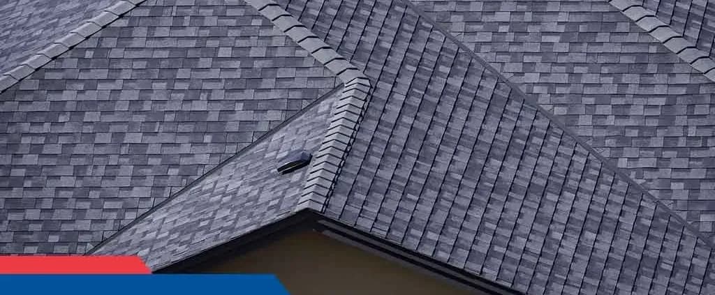 Dark gray shingle roof with complex geometric patterns and a single roof vent. The image conveys durability and modern architecture.