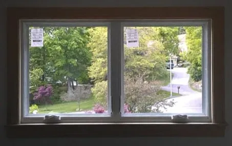 A view through a window shows a tranquil suburban scene with lush green trees, a curved road, and blooming shrubs under a soft, overcast sky.