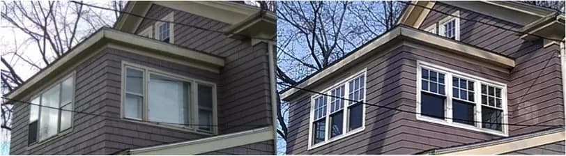 Side-by-side comparison of a house before and after a window renovation. The left shows outdated windows; the right showcases modern, white-framed windows.
