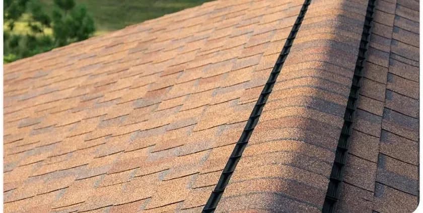 Close-up of a roof with brown asphalt shingles, showcasing a ridge vent running along the peak. The background is a blur of greenery under soft light.