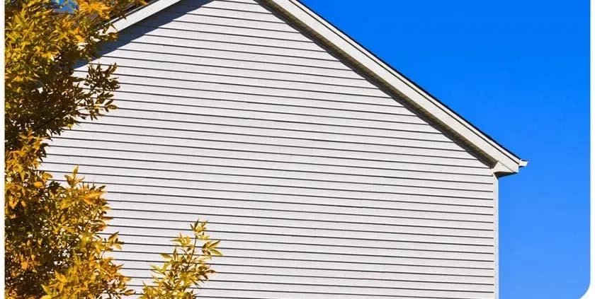 Side of a white house with horizontal siding under a clear blue sky. Autumn foliage with yellow leaves partially frames the building on the left.