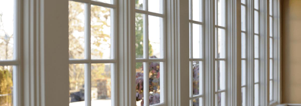 Long row of tall white-framed windows with square panes, reflecting sunlight. Outside, blurred trees and autumn leaves create a warm, serene atmosphere.