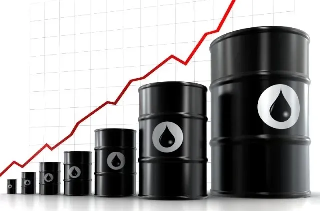Seven oil barrels increasing in size from left to right are aligned with a rising red graph line behind them on a grid background, symbolizing growth.