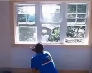 A person in a blue shirt kneels inside in front of a large window, looking out at trees in bright sunlight, giving a sense of calm focus.