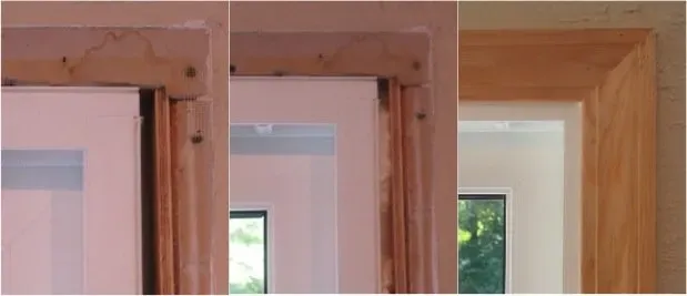 Three-panel image showing progression in door frame carpentry. Left: incomplete and rough. Middle: more polished but unfinished. Right: neatly finished frame.