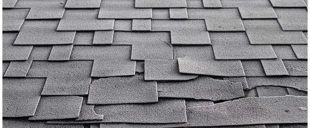 Close-up of worn, grey asphalt shingles with peeling edges and uneven layers, creating a textured, aged appearance, conveying need for repair.