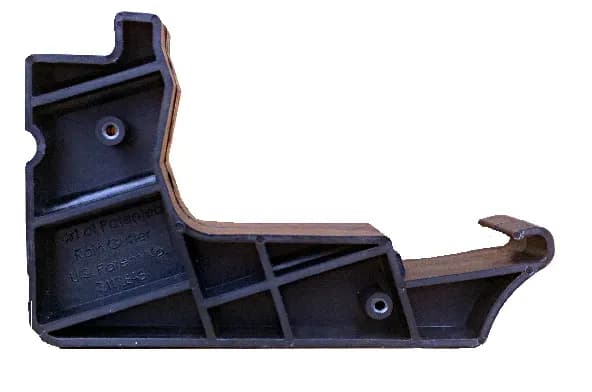 Close-up of a black, L-shaped industrial plastic bracket with screw holes and ribbed reinforcements, isolated on a white background.