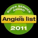 Green circle badge with "Super Service Award" on top, "Angie's List" in yellow across the center, and "2011" in white at the bottom, on a black background.