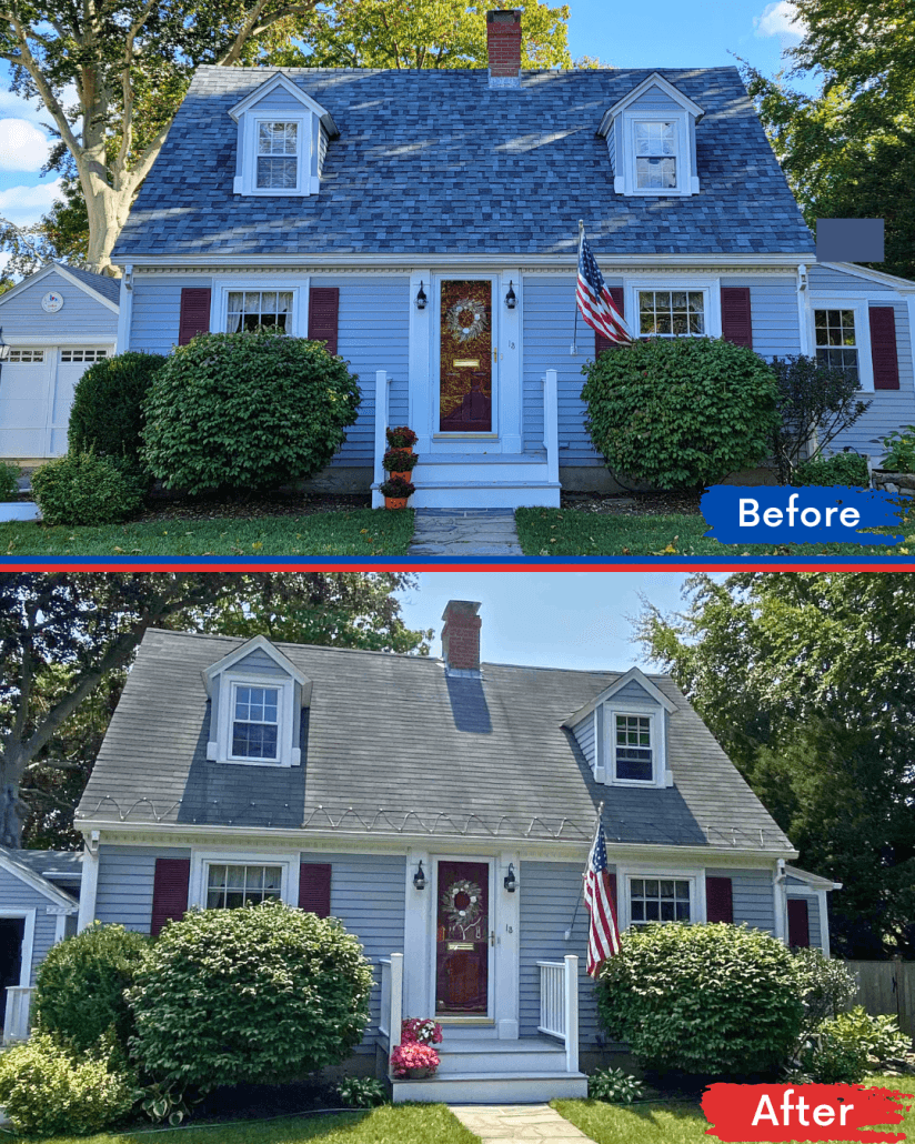 Two images of the same house show exterior updates. "Before" reveals a worn roof and overgrown bushes, while "After" displays a clean roof and trimmed shrubs.