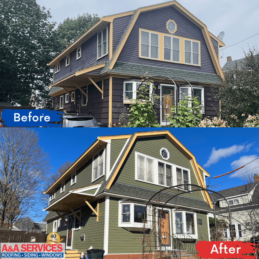 Two images of a house before and after renovations. The "Before" image shows purple siding, while the "After" image displays green siding with fresh trim, under a clear blue sky.