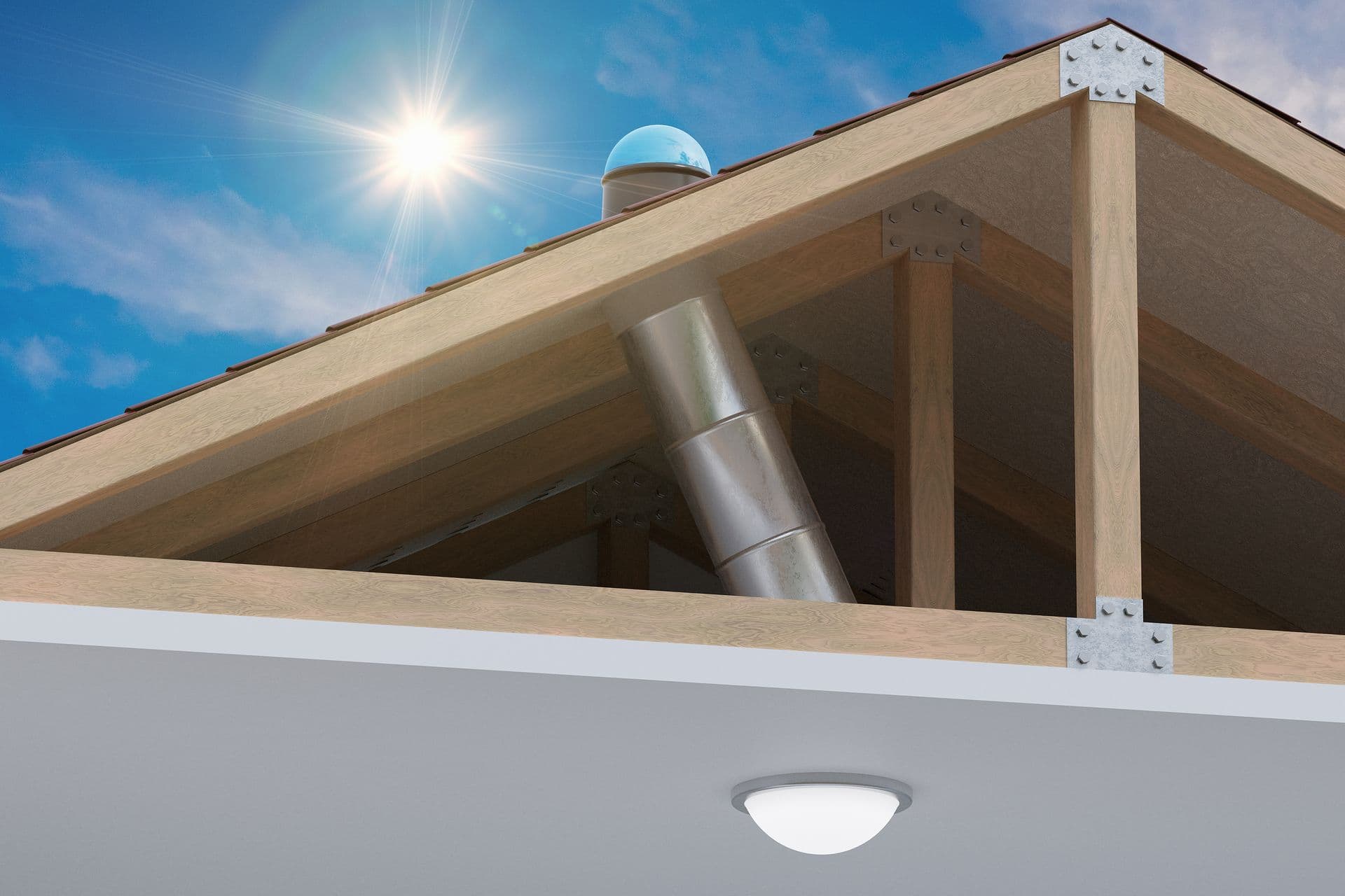 Sunlight shines on a house's attic with visible wooden beams and a metal ventilation duct. Below, inside the house, a ceiling light is illuminated.