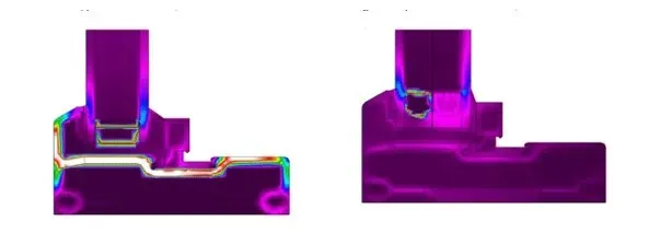 Two purple thermal simulation images show stress distribution on a component. The left image has rainbow stress lines, while the right shows less detail.