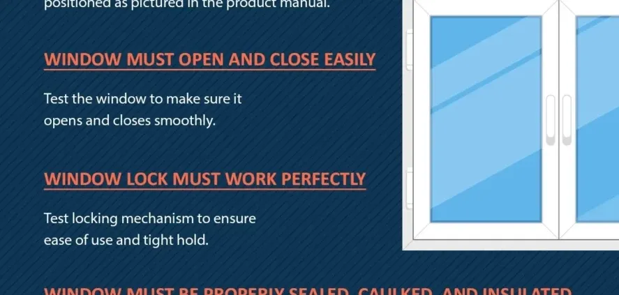 Alt text: Instructional graphic on window installation, highlighting the importance of a smooth opening and closing mechanism, a secure lock, and proper sealing. The right side features an illustration of a closed double-pane window, conveying a practical and informative tone.