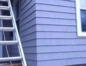 A metal ladder leans against a gray, shingled exterior wall of a house, near a white-framed window. The scene is calm and suggests home maintenance.
