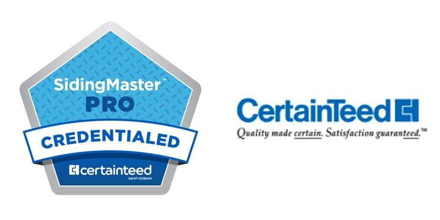 Alt text: "Graphic of a blue badge labeled 'SidingMaster Pro Credentialed' on the left and the CertainTeed logo with their slogan on the right."
