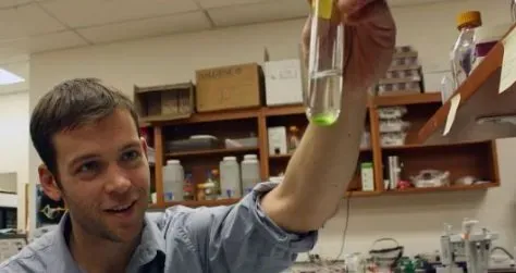 A researcher in a lab holds up a test tube with a green liquid, smiling. Shelves with lab equipment and supplies are visible in the background.