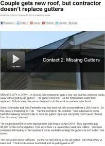 Alt text: "News article screenshot about a couple's roof replacement missing gutters. Includes a play button for video titled 'Contact 2: Missing Gutters.'"
