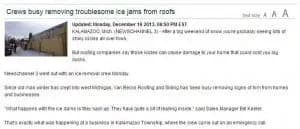Alt text: A news article with a headline about crews removing ice jams from roofs. The image shows workers on a roof, with snow and ice visible. The article mentions snowfall and efforts to prevent roof damage, conveying a proactive and constructive mood.