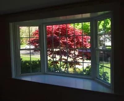 A large bay window with sections open reveals a vibrant view outside. A lush red-leafed tree is centered against a sunny backdrop of green grass.