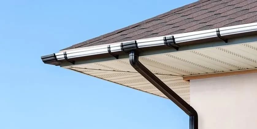 A house corner with a shingled roof under a clear blue sky. White soffit and a black gutter system run along the roof edge, conveying neatness.