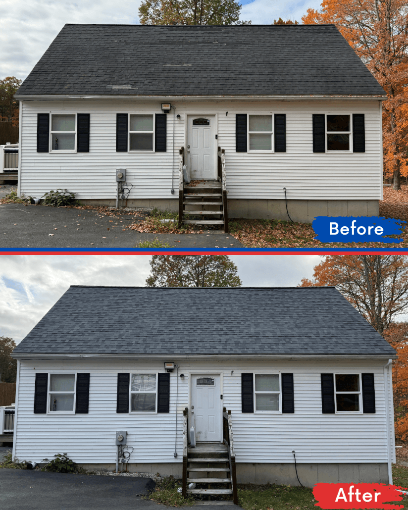 Before and after images of a house showing a roof transformation. The "before" roof is worn and weathered, and the "after" roof appears clean and new.