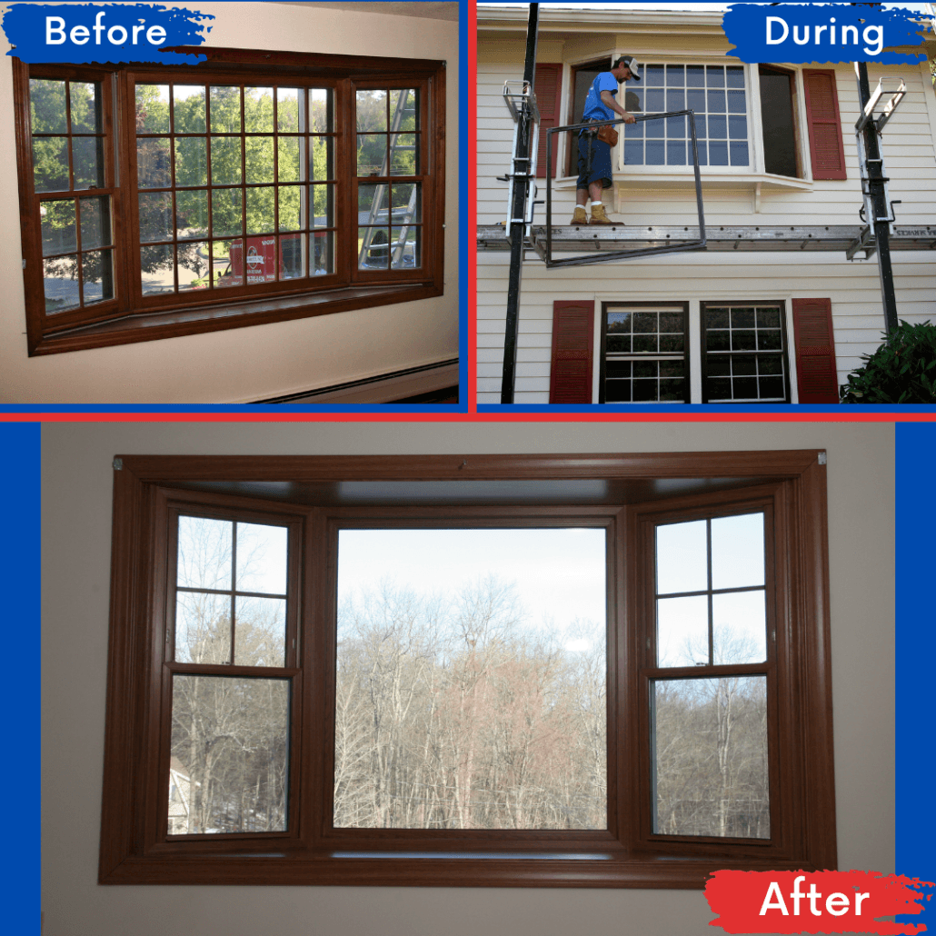 Three-panel image showing a window replacement. Top left: old window labeled "Before." Top right: person installing window labeled "During." Bottom: new window with a clear view labeled "After."