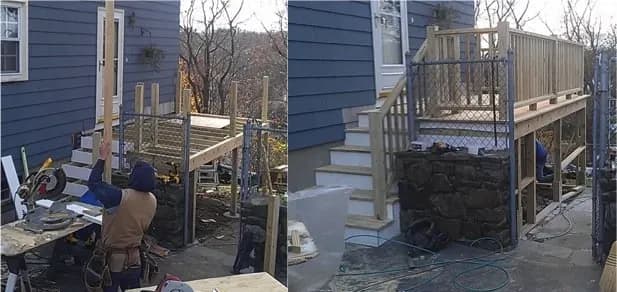 Left: A worker builds a deck next to a blue house, using tools on a table. Right: Completed deck with stairs and railing; stone wall beneath.