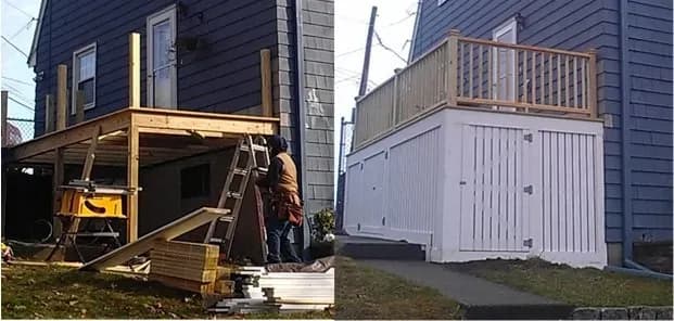 Split image of a house deck before and after renovation. Left shows a wooden structure under construction with tools; right shows a completed white-painted deck.