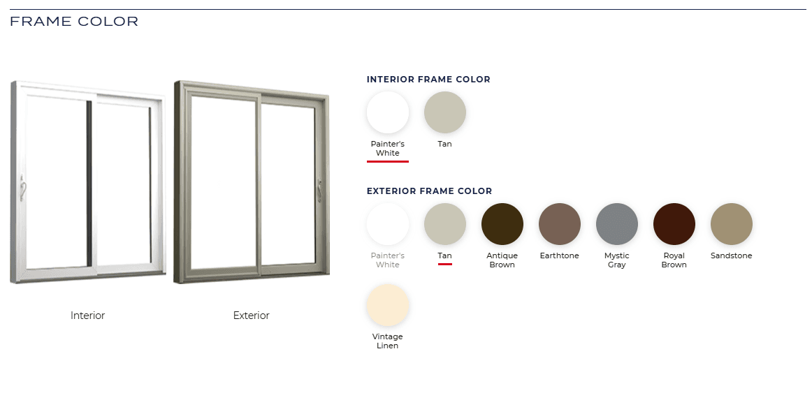 Alt text: "Image showing two sliding door frames in white and tan for interior and exterior. Color options include white, tan, brown, gray, and beige."