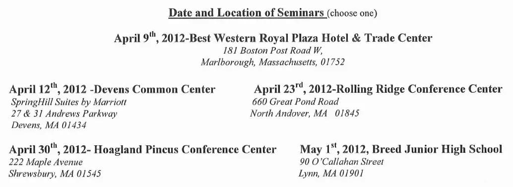 Seminar schedule listing five locations for April and May 2012, including conference centers and a high school across Massachusetts, with addresses provided.