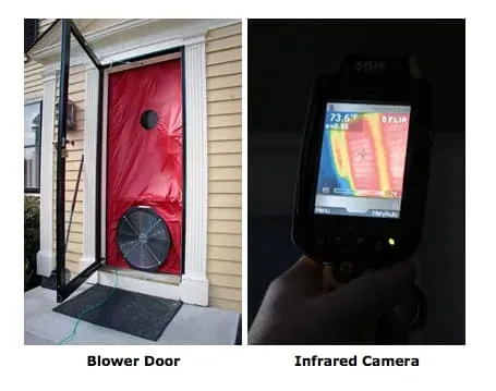 Split image: Left shows a red blower door with a fan in a home's doorway. Right displays an infrared camera screen showing temperature variations.