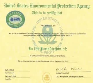 EPA Lead-Safe Certification document for A&A Services, issued February 2015. Features the EPA logo, a green color scheme, and an official signature.