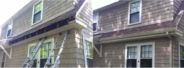 Side-by-side images of a house exterior before and after repairs. Left shows exposed fascia with ladders; right shows completed siding and fascia.