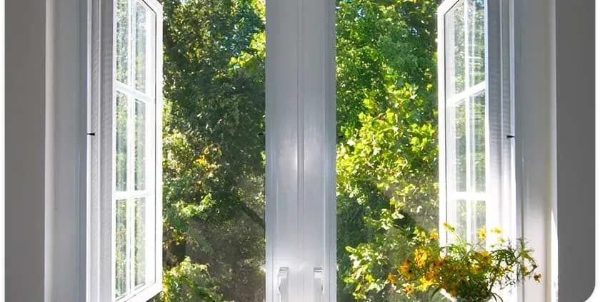 Open white-framed window revealing lush green trees outside; sunlight streams in, illuminating a pot of small yellow flowers on the windowsill.