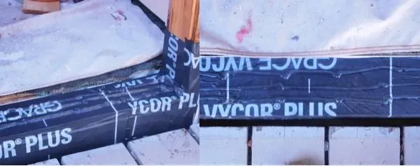 Alt text: "Close-up of black Vycor Plus flashing tape sealing the corner and horizontal edge of a window frame. The area appears under construction."