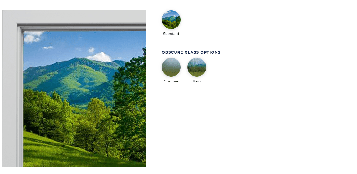A window frame shows a vibrant green landscape with mountains under a blue sky. To the right, three glass option samples labeled: Standard, Obscure, and Rain.
