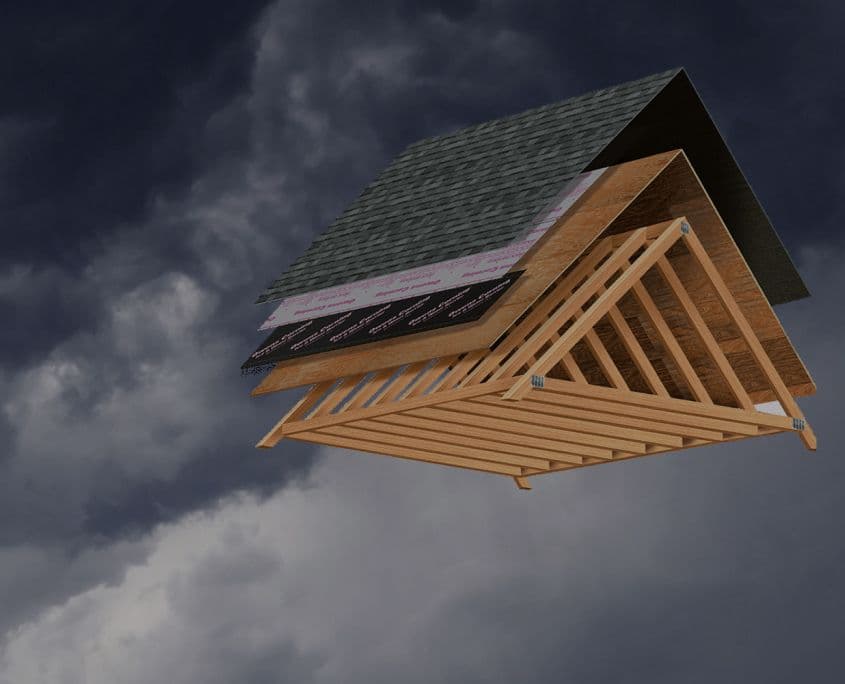 Exploded view of a roof structure hovering in stormy skies, displaying layers including shingles, plywood, and wooden trusses, conveying construction.