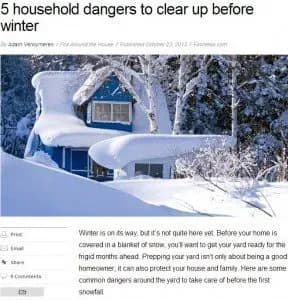Blue house covered in thick snow, surrounded by snow-laden trees. The scene conveys a serene yet cold winter atmosphere. Text overlay discusses winter preparation.