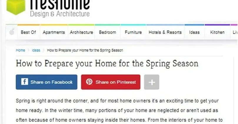 Screenshot of a home design article titled "How to Prepare your Home for the Spring Season." Features navigation tabs and social media share buttons.