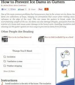 Alt text: "Webpage screenshot titled 'How to Prevent Ice Dams in Gutters.' Includes sections on tips, materials needed, and related articles on ice dam prevention.